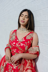 BRIELLA Red and Gold Sequin Lehenga Set