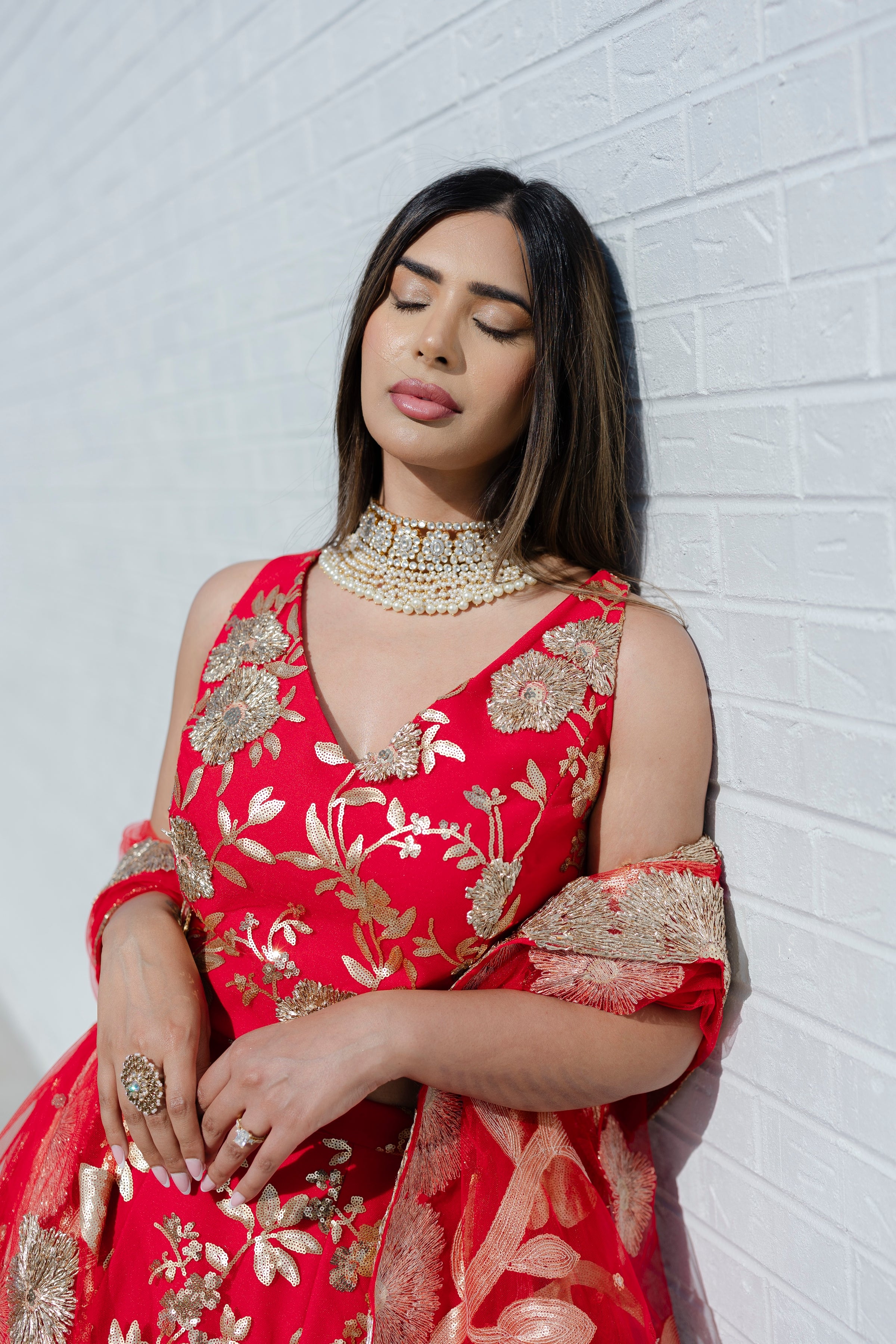 BRIELLA Red and Gold Sequin Lehenga Set