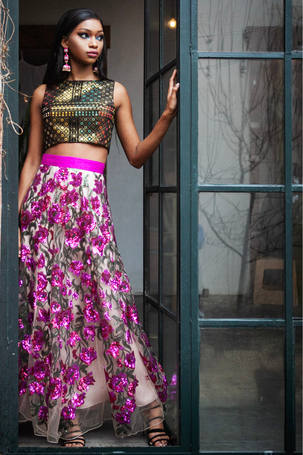 Sample // DIVYA Fuchsia Sequin Embroidered Skirt