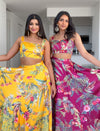 Drisya and Vishakha in Sunflower Yellow and Wine Red Caribbean Floral Print Lehengas - Harleen Kaur