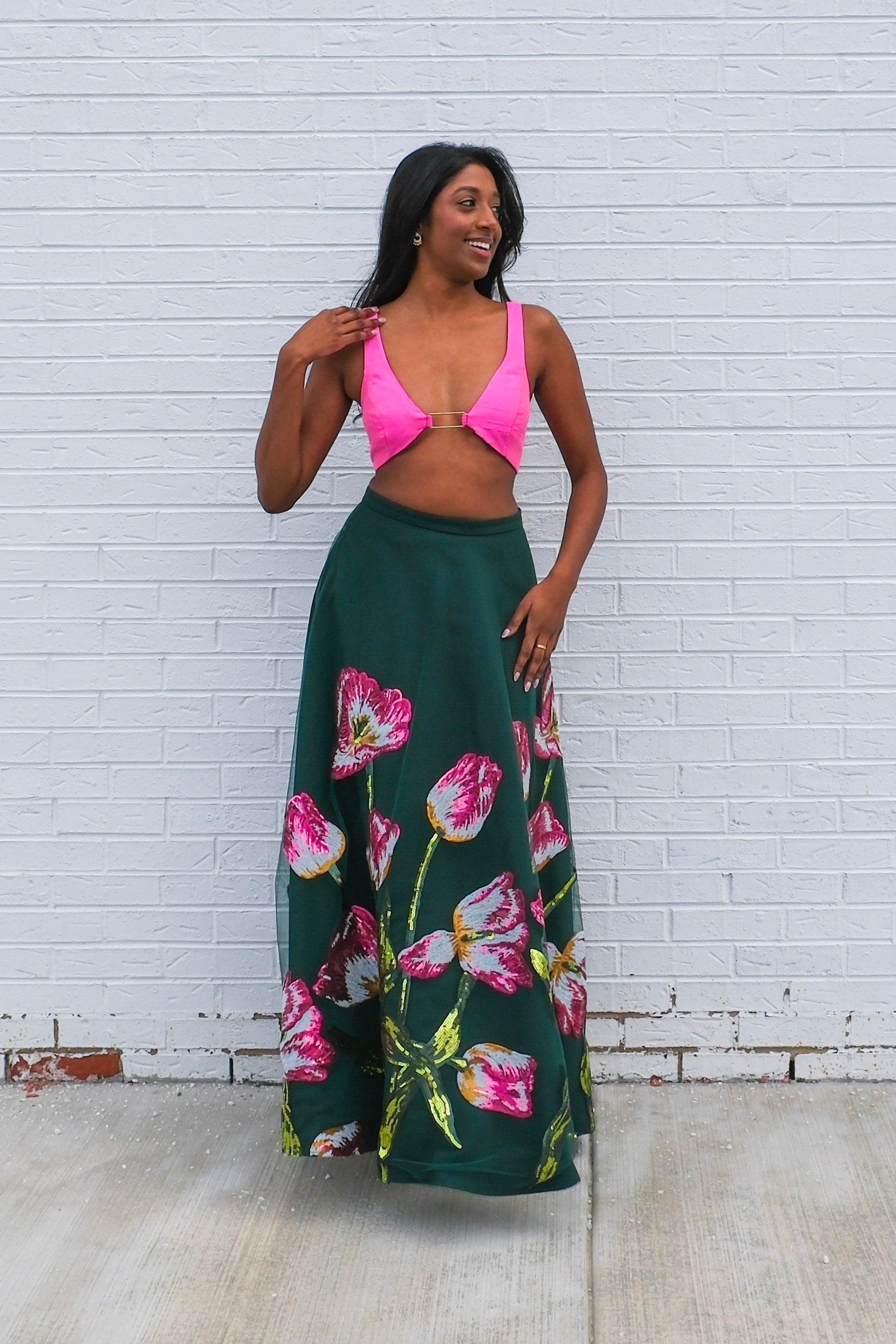 NIAVA Green and Pink Floral Lehenga Skirt