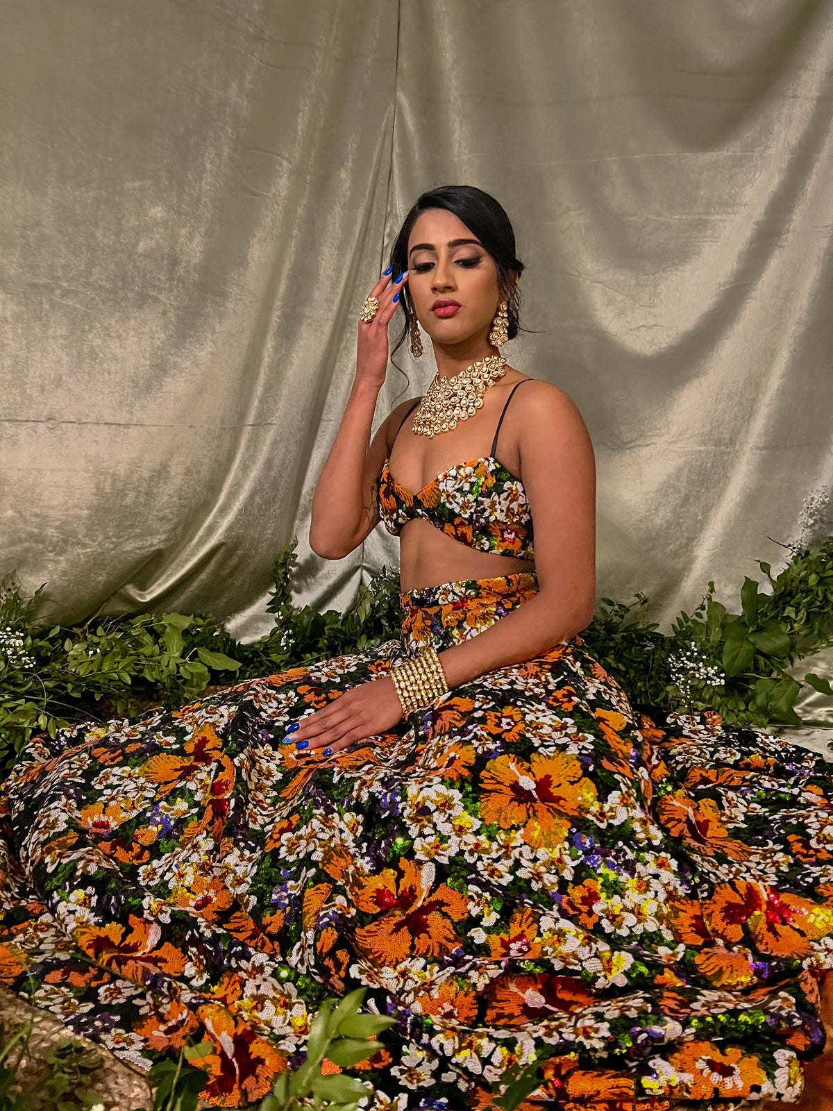 Davina Floral Sequin Lehenga Skirt - Side View - Harleen Kaur