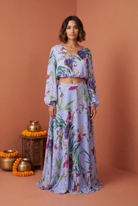 JANISHA Periwinkle Floral Satin Lehenga Skirt