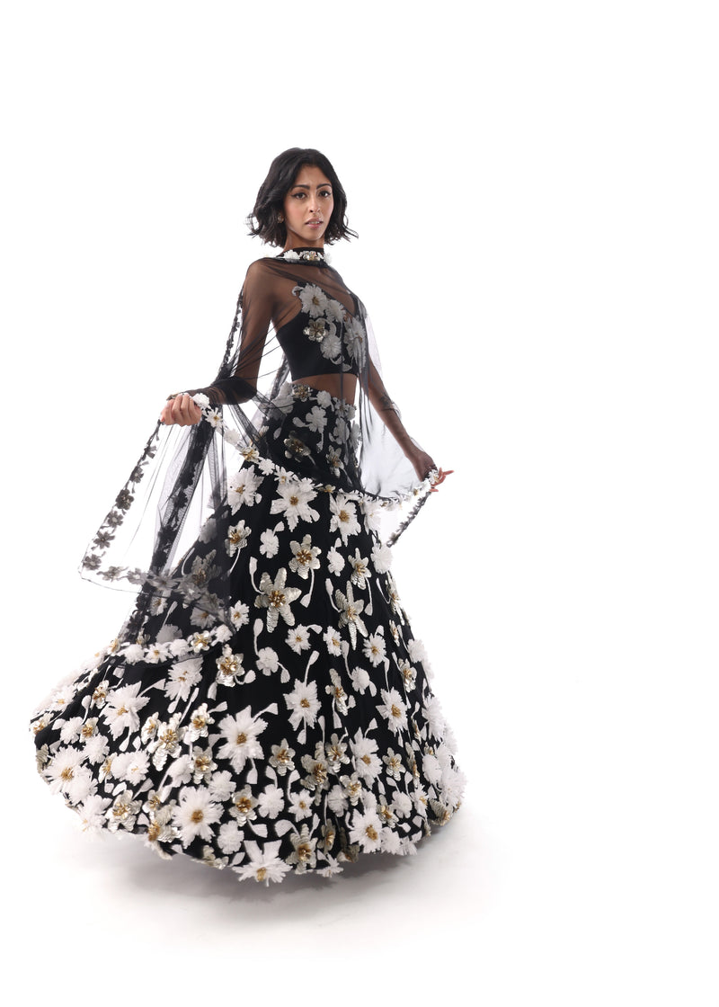 MARIAH Black and White Floral Lehenga Set