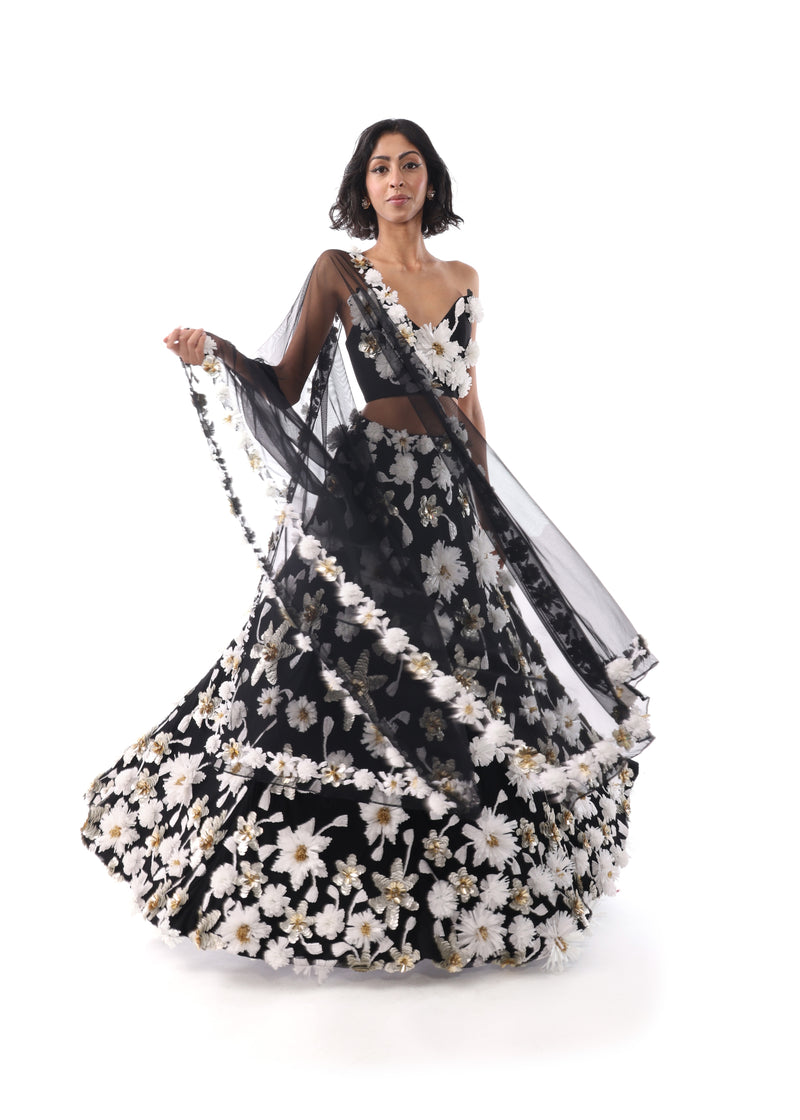 MARIAH Black and White Floral Lehenga Set