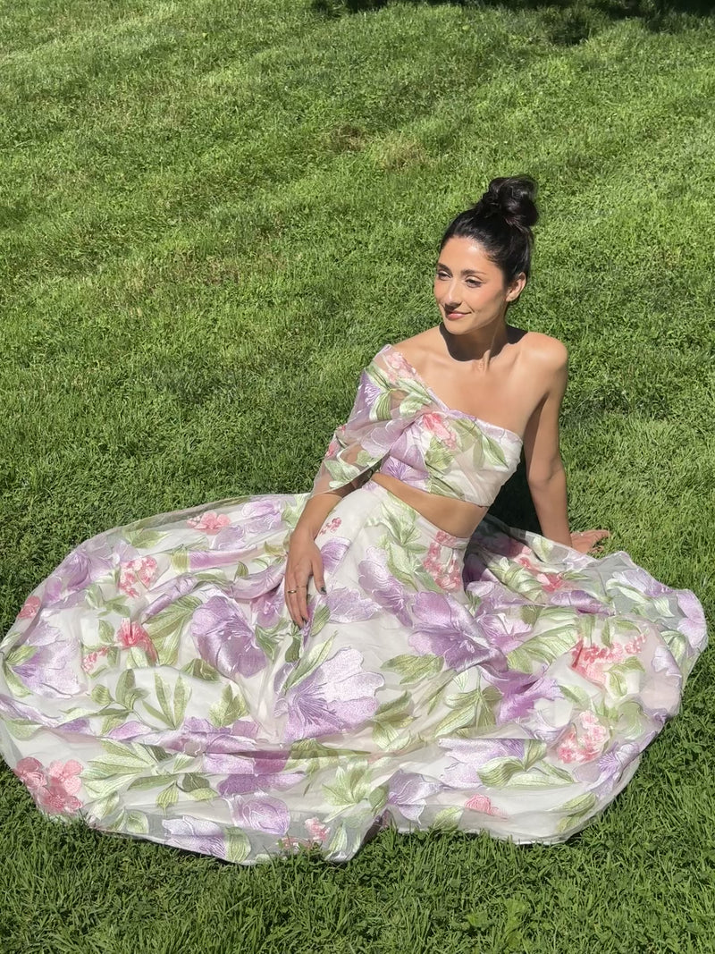 LAHINA Pastel Floral Embroidered Tulle Lehenga Set