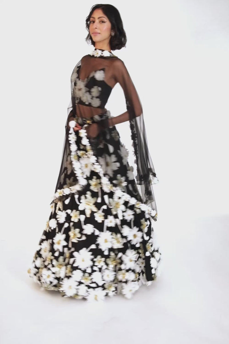 MARIAH Black and White Floral Lehenga Set