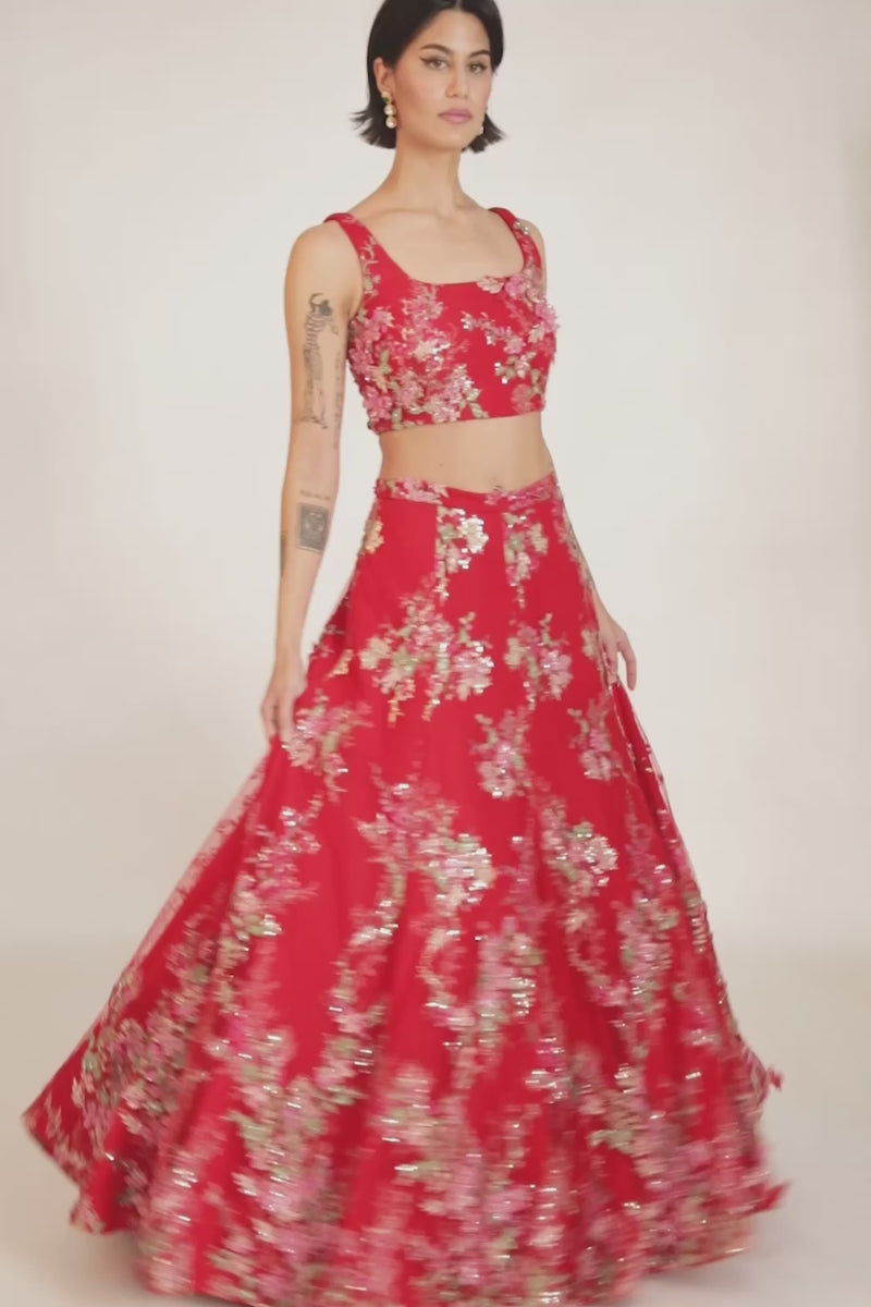 ISHITA Pink and Red Bridal Lehenga Set