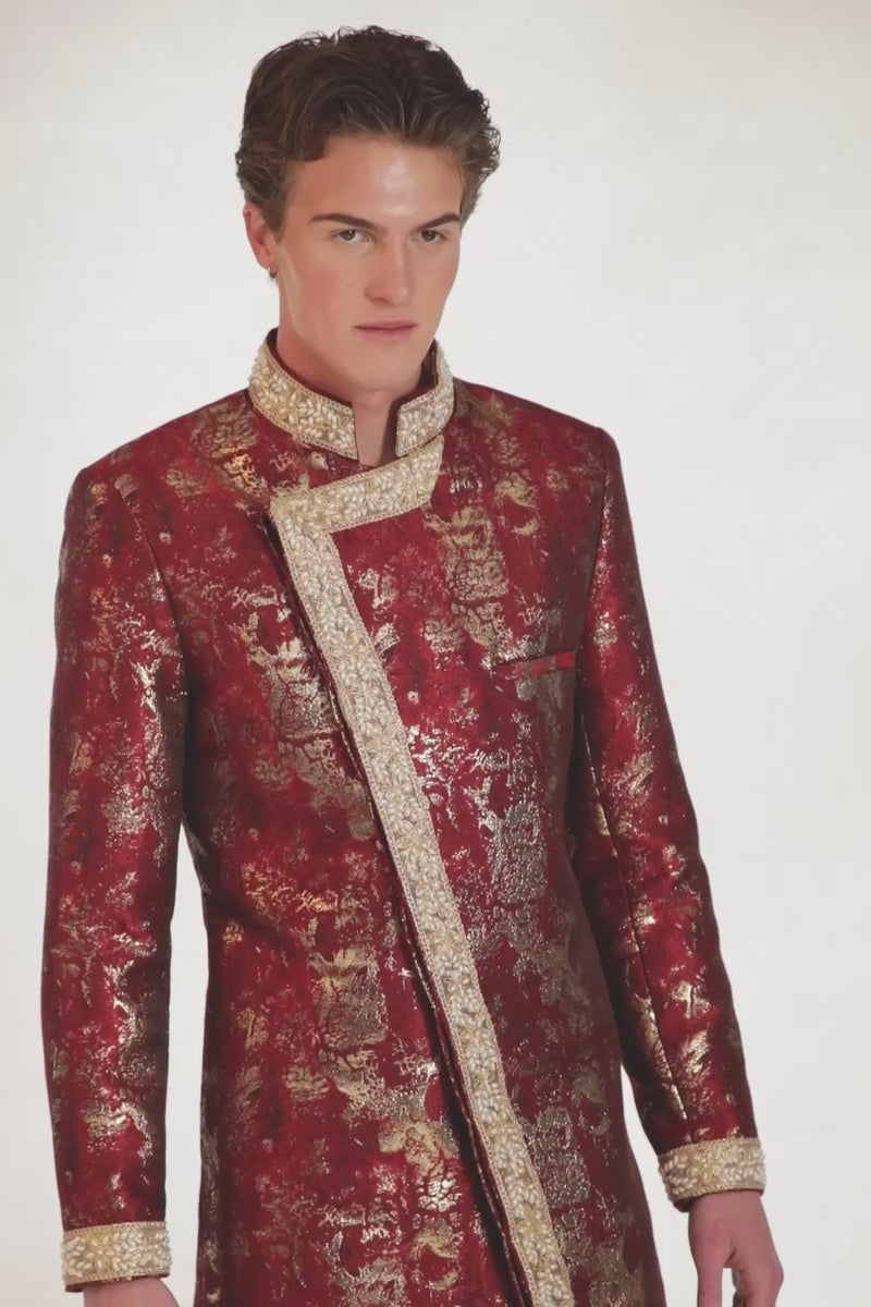 TARAN Red and Gold Asymmetrical Sherwani