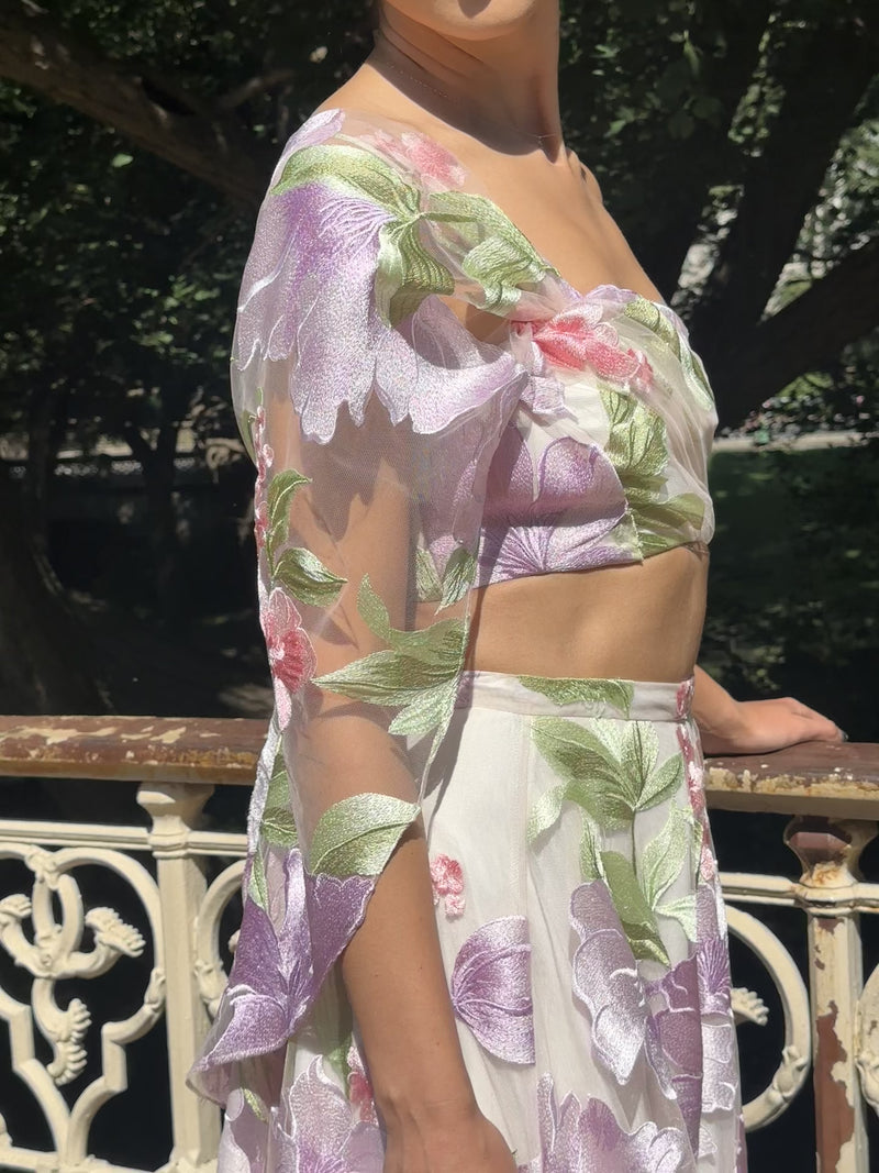 LAHINA Pastel Floral Embroidered Tulle Lehenga Set