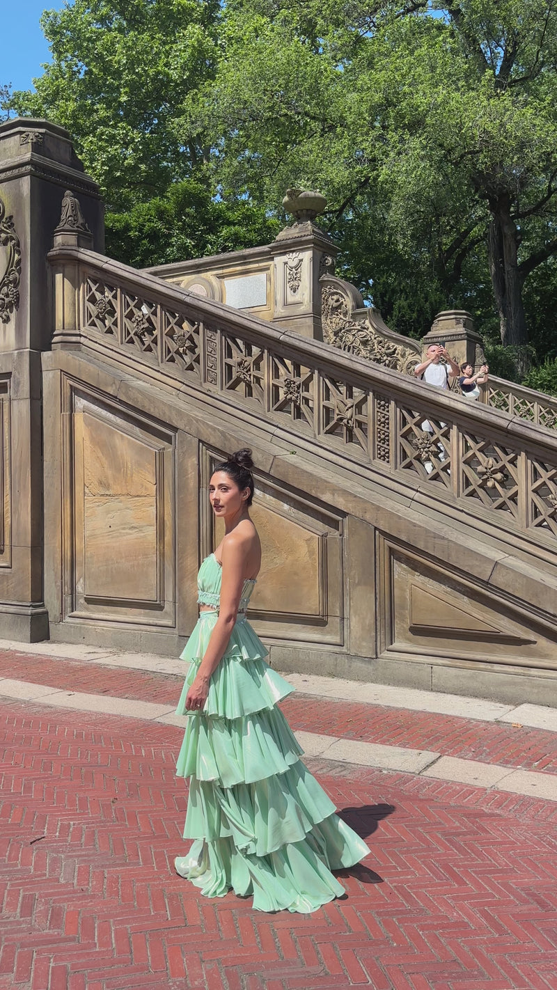 jetta in metallic chiffon chenille top and vahina tiered ruffle lehenga skirt