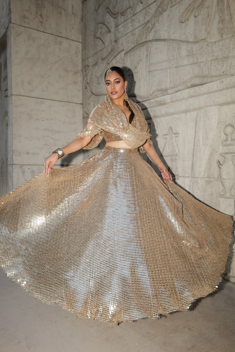 REINA Gold Sequin Lace Lehenga Skirt