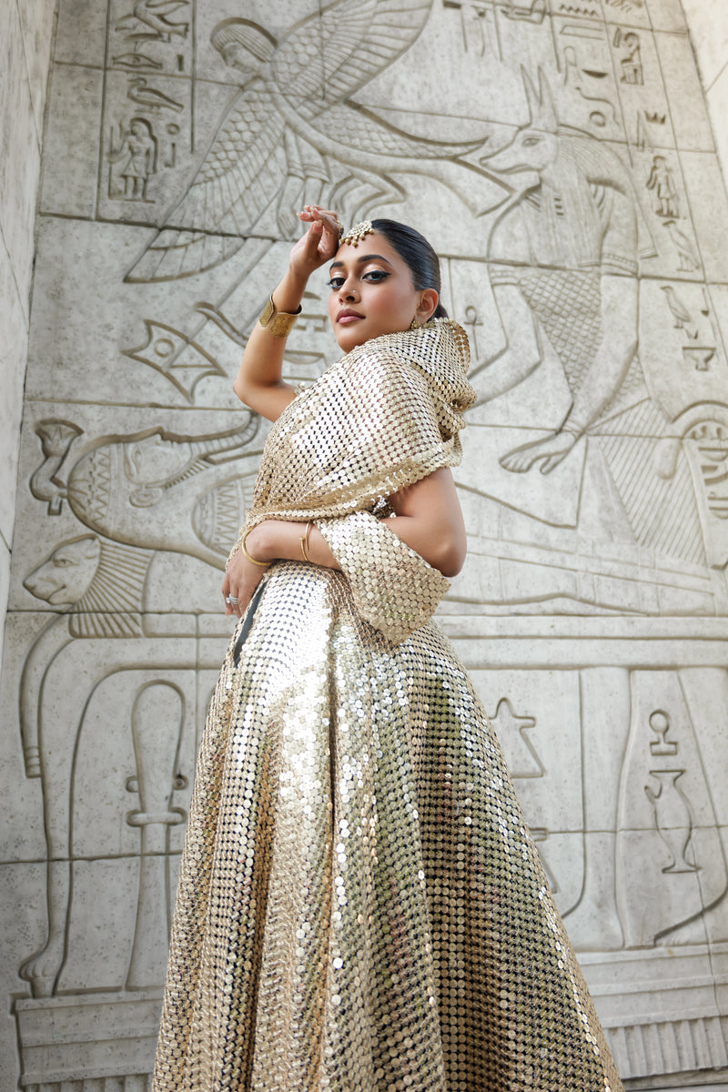 SNEHA Gold Sequin Hooded Dupatta Lehenga Top