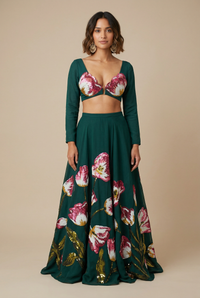 NIAVA Green and Pink Floral Lehenga Skirt