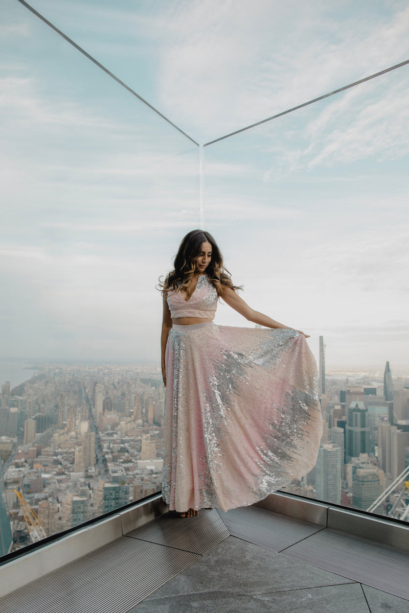 Michelle in the Pink and Silver Ombre Sequin Alisha Lehenga Skirt - Harleen Kaur