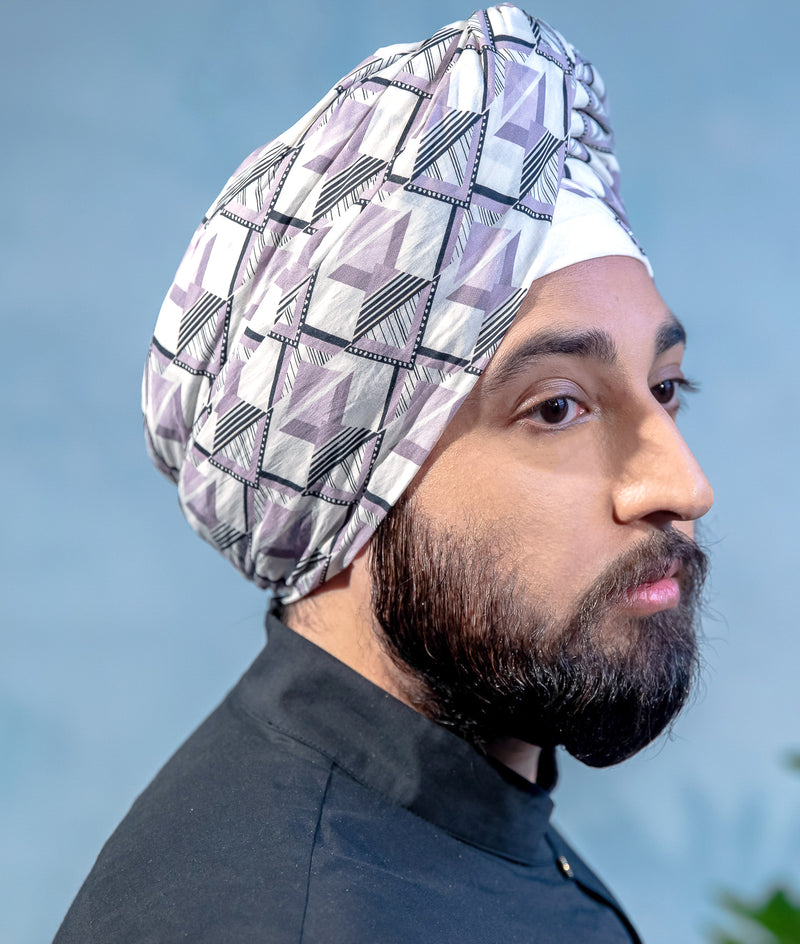 MAHA Geometric Print Turban in Grey Multi - Side View - Harleen Kaur