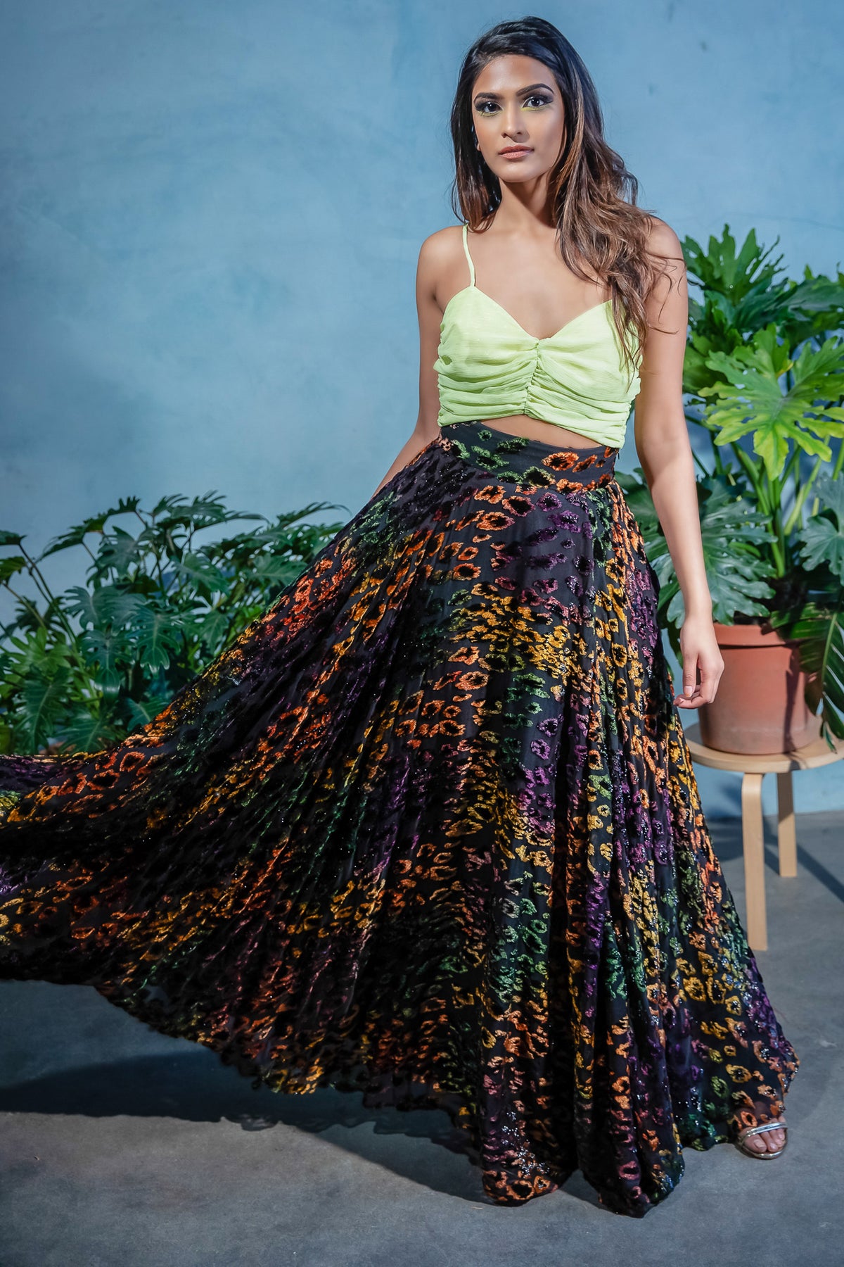 EZYA Multicolor Velvet Leopard Slit Skirt - Front View - Harleen Kaur