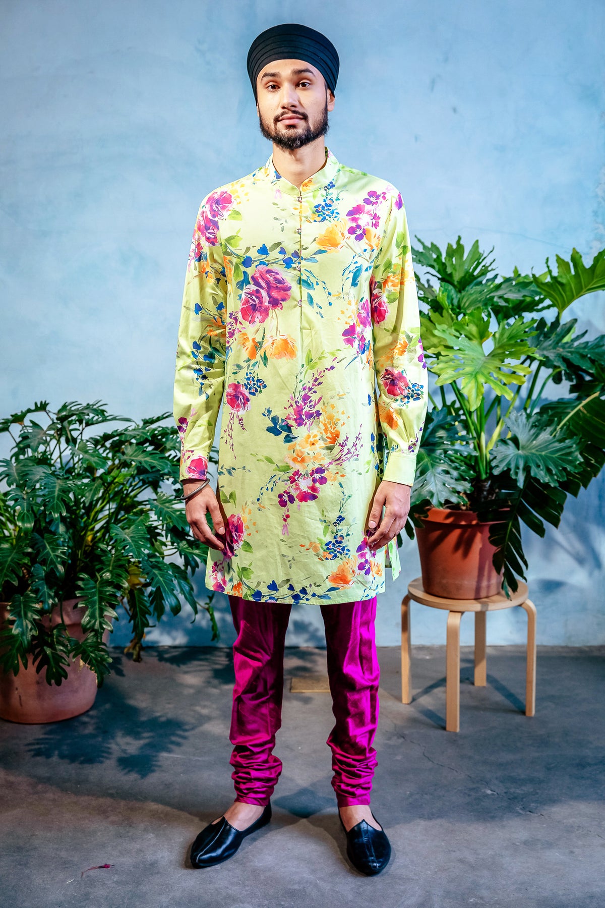 SUMEET Floral Stretch Cotton Kurta Shirt - Front View - Harleen Kaur - Ethically Made Menswear