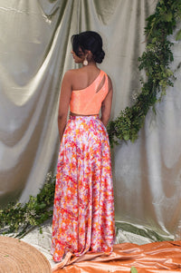 Vari Iridescent Neon Orange One Shoulder Sequin Top with Shoulder Cutout - Back View - Harleen Kaur