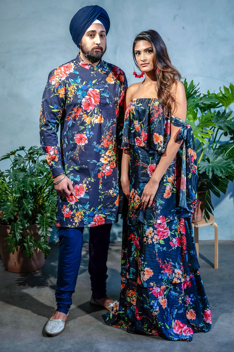 SUMEET Floral Stretch Cotton Kurta Shirt - Front View - Harleen Kaur - Indowestern Menswear