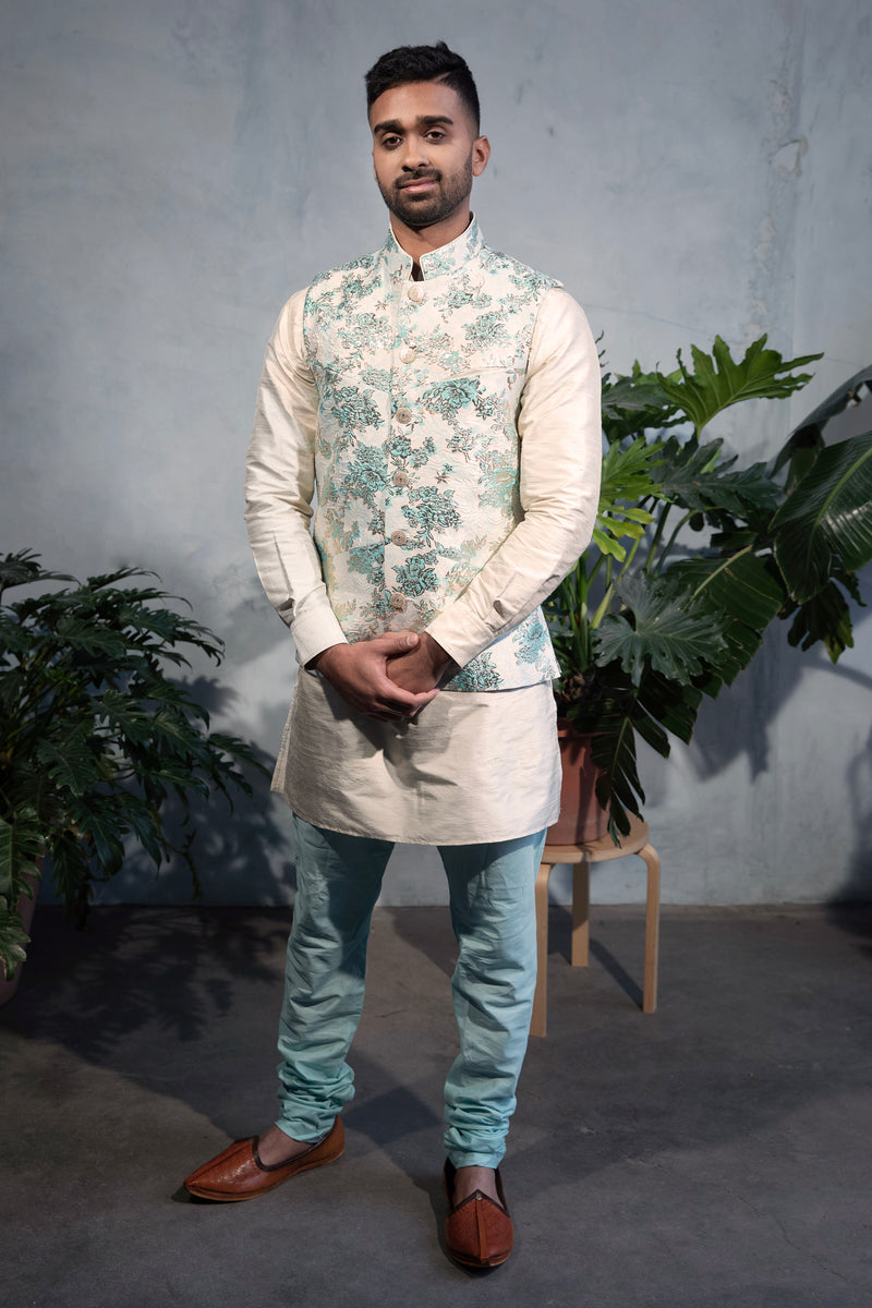 MUNIR Pastel Jacquard Vest with Mandarin Collar - Front View - Harleen Kaur - South Asian Menswear