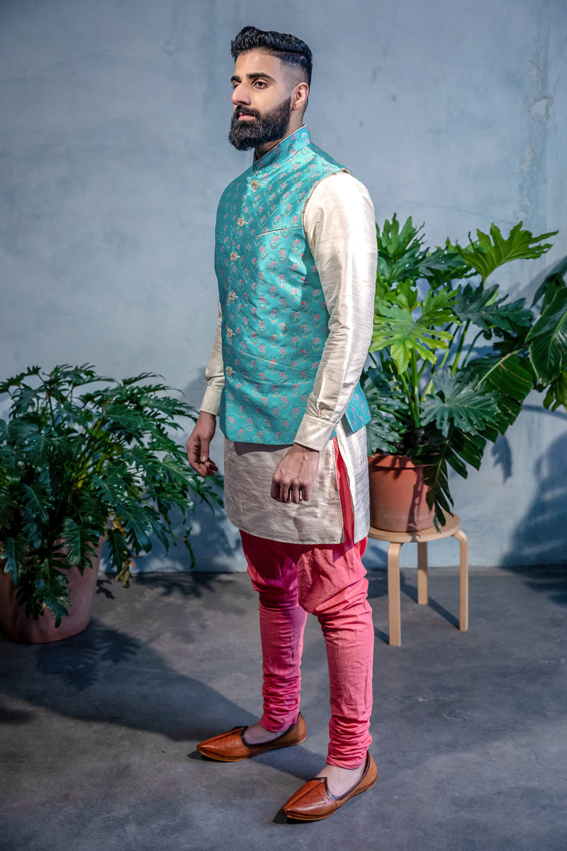 Mens ARJUN Turquoise Vest with Floral Embroidery and Gold Buttons - Side View - Harleen Kaur