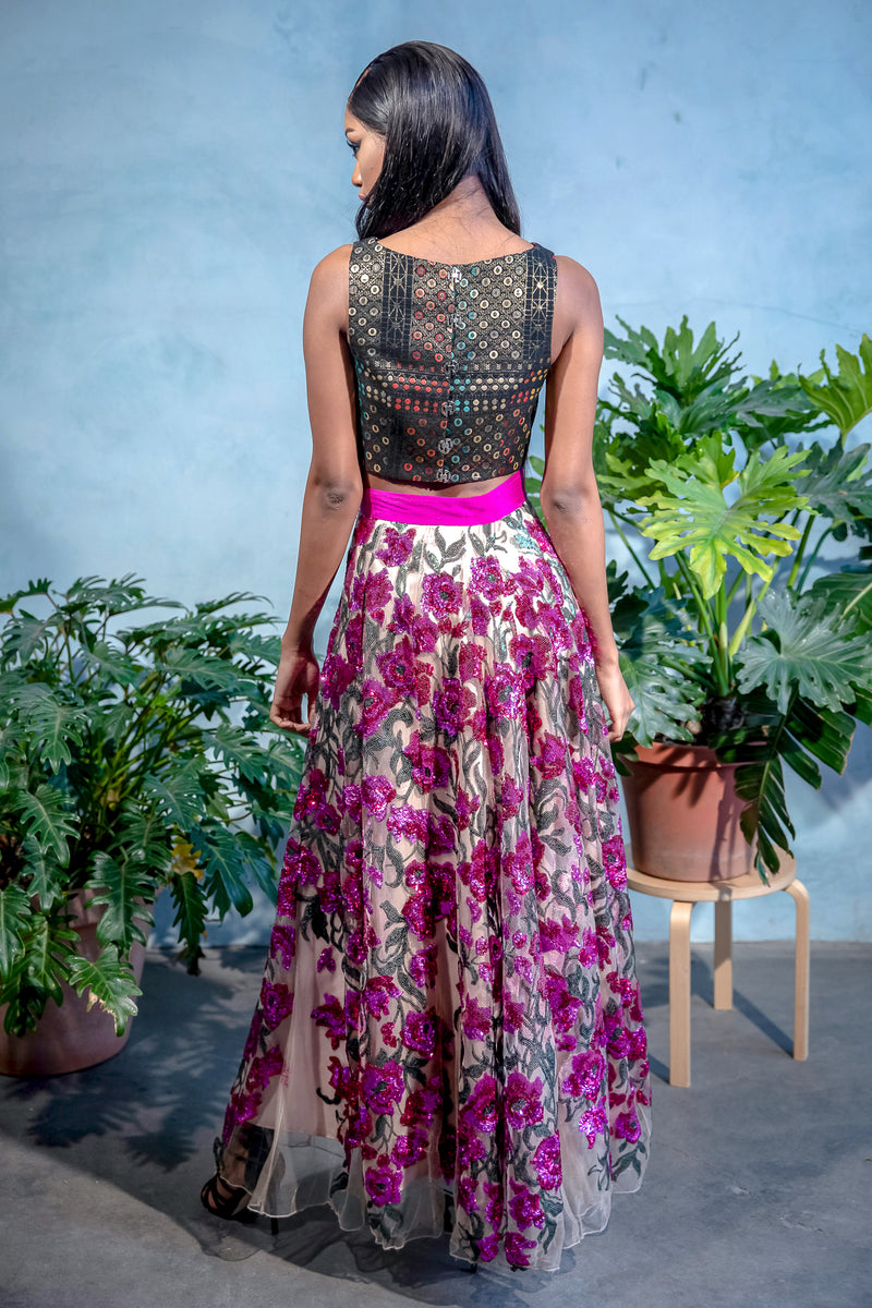 DIVYA Fuchsia Floral Sequin Embroidered Skirt - Back View - Harleen Kaur - Ethically Made Womenswear