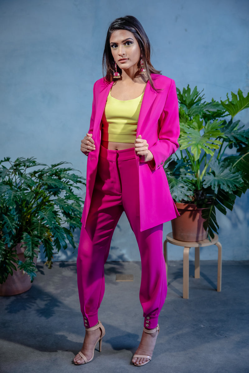 FARIA Stretch Crepe Blazer in Magenta - Opened - Front View - Harleen Kaur