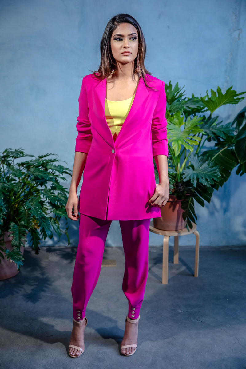 FARIA Stretch Crepe Blazer in Magenta - Closed - Front View - Harleen Kaur