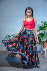 MILLY Metallic Satin Navy Floral Skirt - Front View - Harleen Kaur - Ethically Made Womenswear