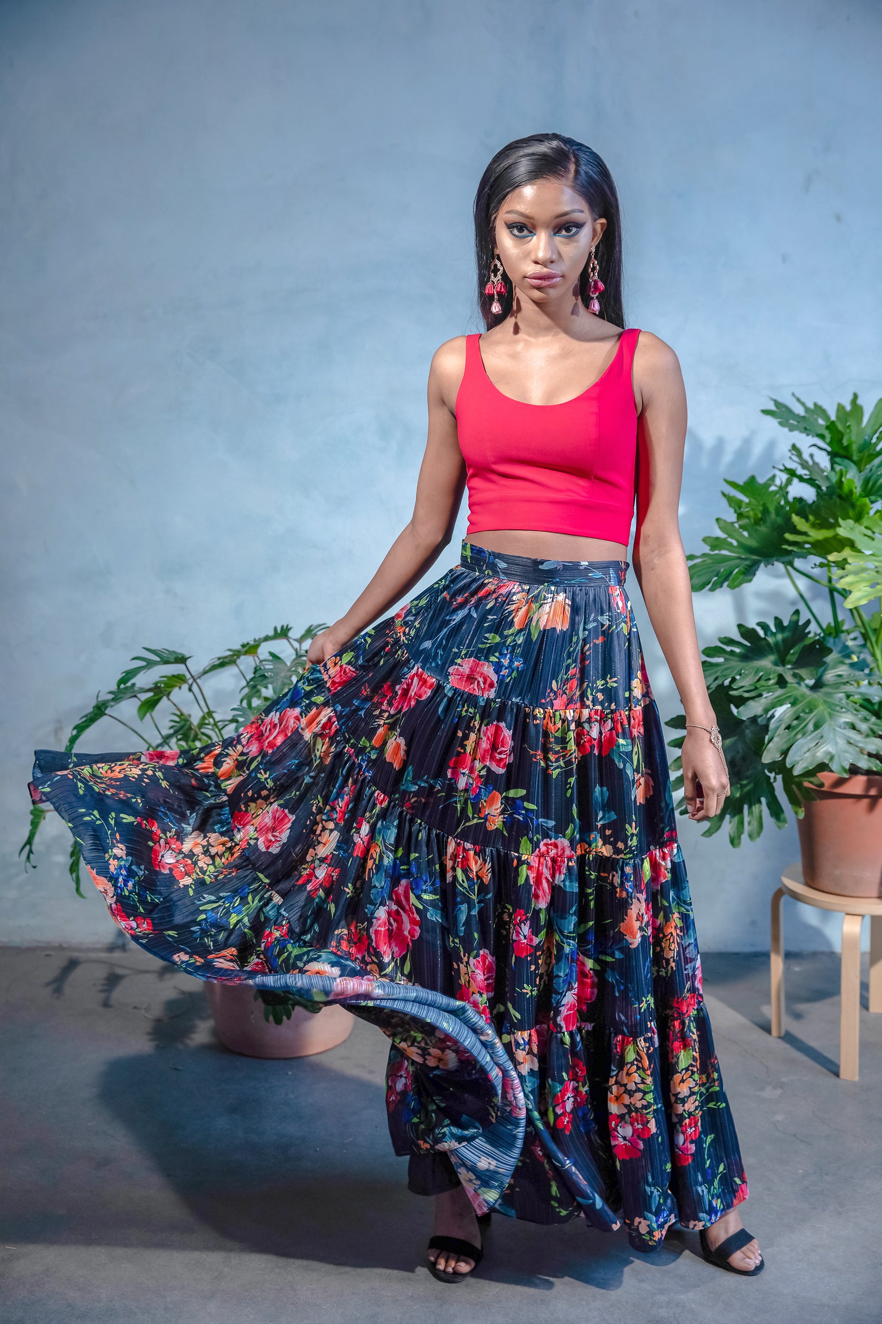 MILLY Metallic Satin Navy Floral Skirt - Front View - Harleen Kaur - Ethically Made Womenswear