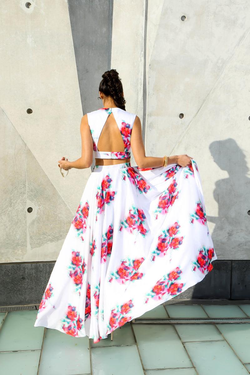ALISHA White Matte Satin with Pink and Red Floral Print Lehenga Skirt - Back View