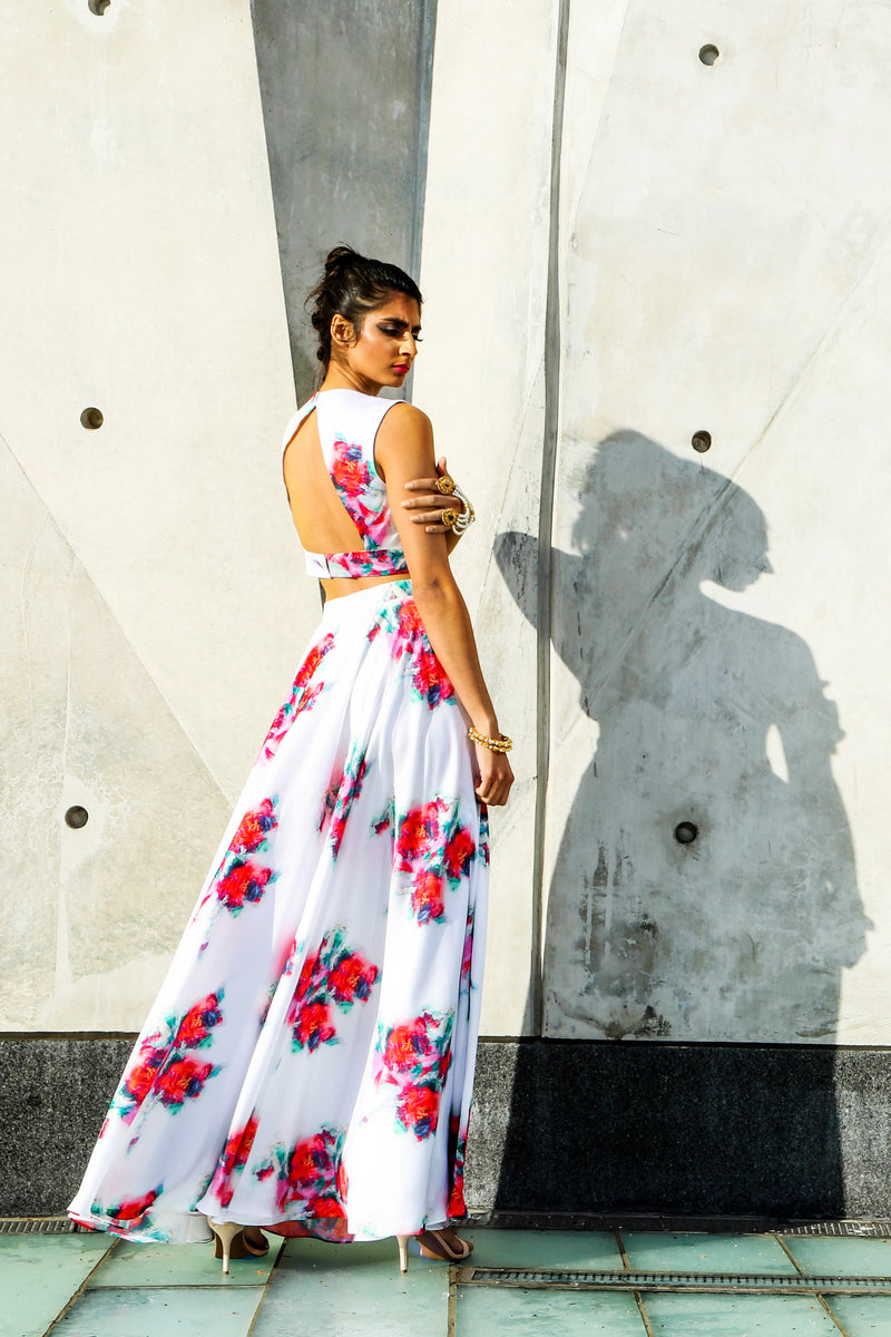 ALISHA White Matte Satin with Pink and Red Floral Print Lehenga Skirt - Side View