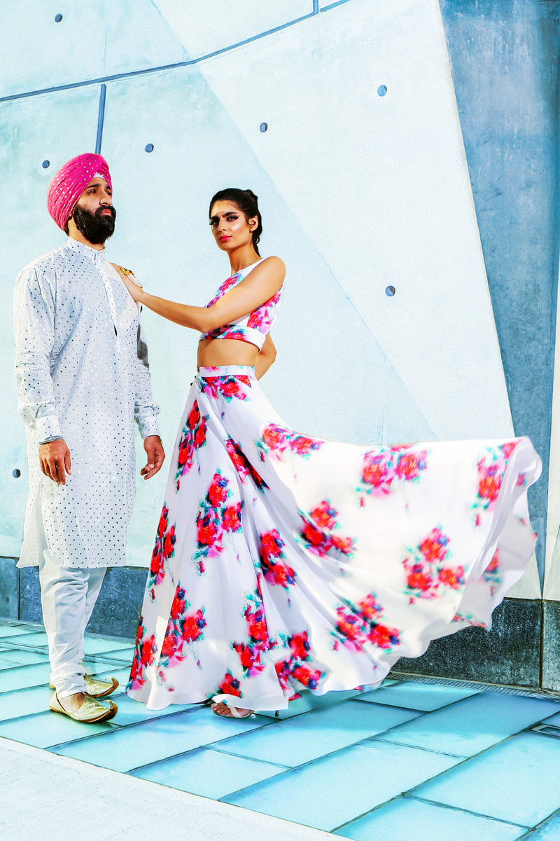 ALISHA White Matte Satin with Pink and Red Floral Print Lehenga Skirt - Front View