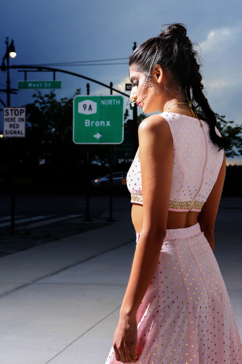 Harleen Kaur ANYA Light Pink Cotton Crop Top with Gold Polkadots and Gold Trim - Back View