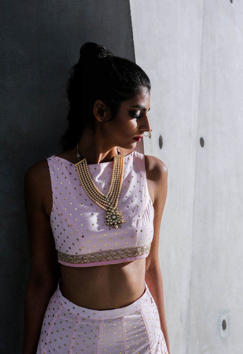 Harleen Kaur ANYA Light Pink Cotton Crop Top with Gold Polkadots and Gold Trim - Front View