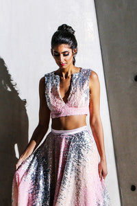 PARI ombre pink sequin crop top with deep v neck - front view | HARLEEN KAUR
