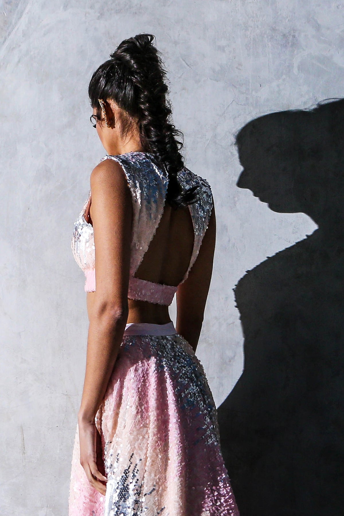 PARI ombre pink sequin crop top with deep v neck and open back - back view | HARLEEN KAUR