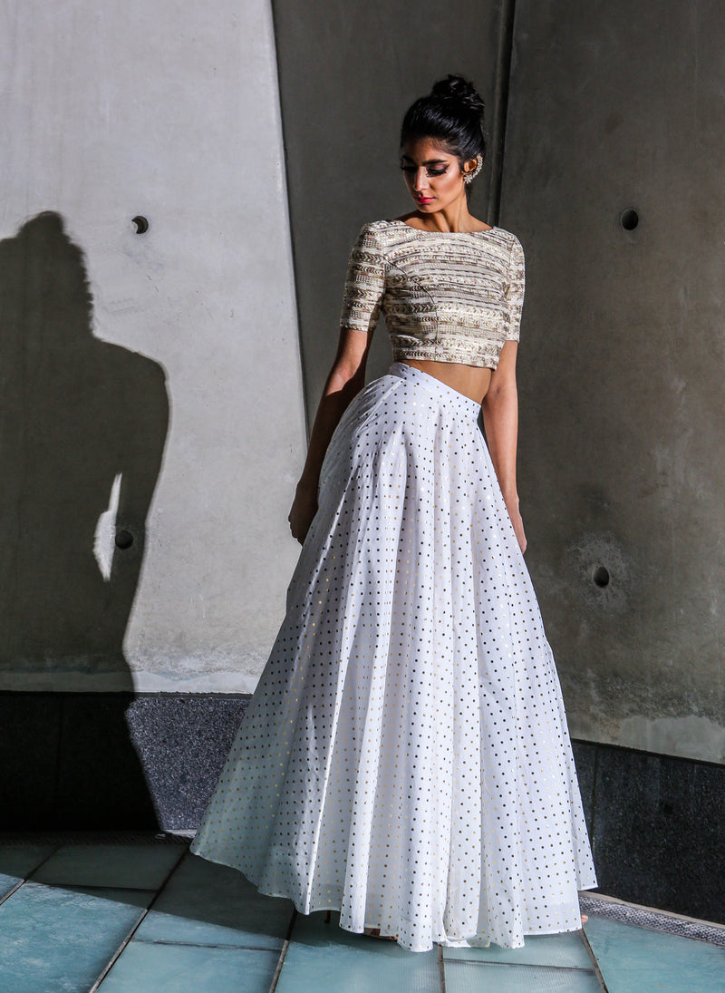 Harleen Kaur Alisha Cotton Gold Polkadot Lehenga Skirt in White