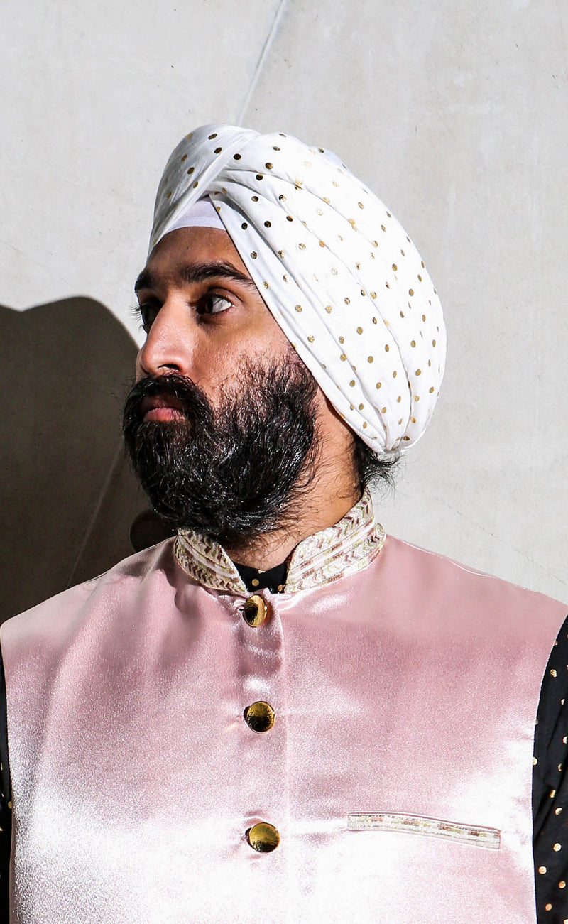 MAHARAJA White Cotton Turban with Gold Polkadots | HARLEEN KAUR