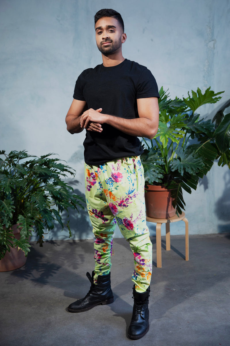 JEEVAN Tropical Floral Pant in Lime - Side View - Harleen Kaur - Modern Indian Menswear