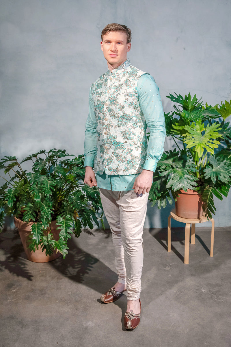 MUNIR Pastel Floral Jacquard Vest - Front View - Harleen Kaur - Indowestern Menswear