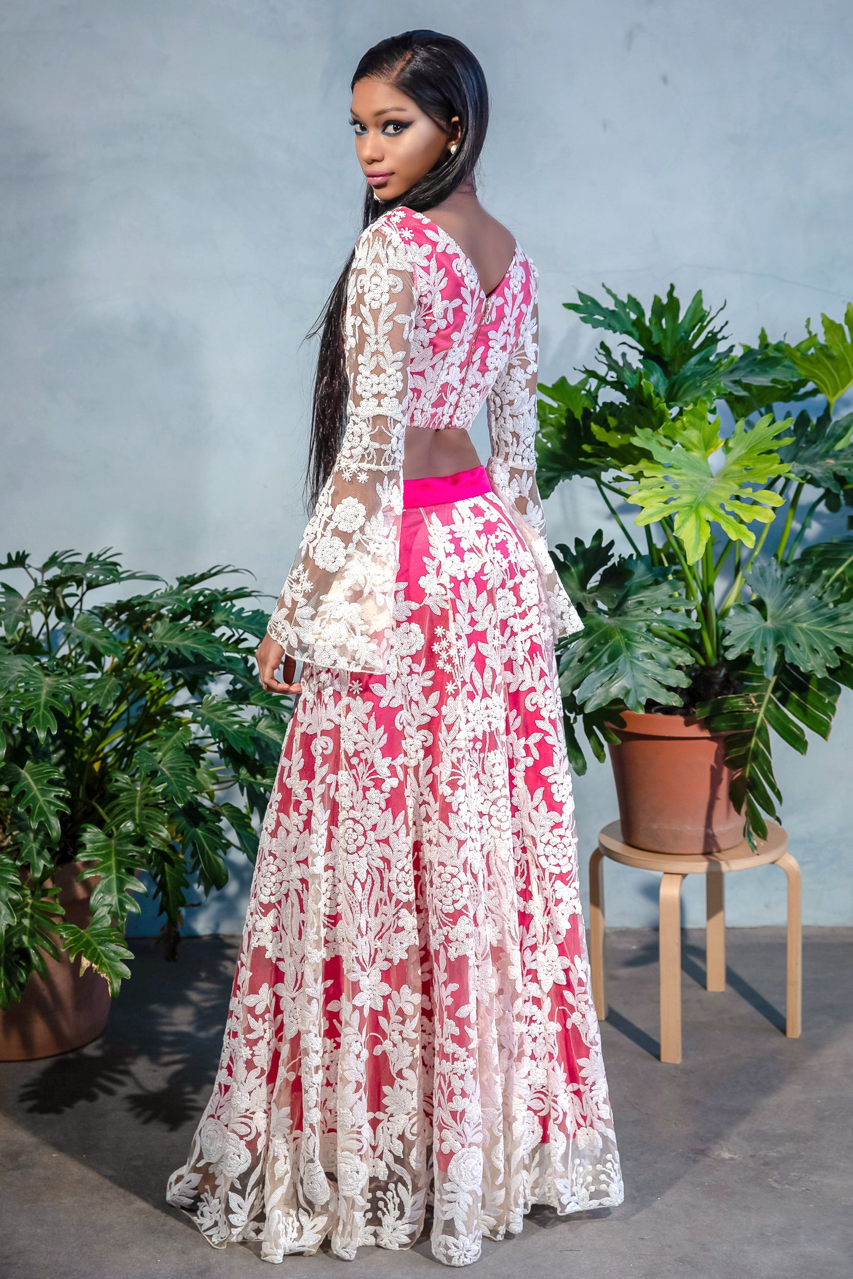 DIVYA White Sequin Lehenga Skirt - Back View - Harleen Kaur Womenswear - Sample Sale