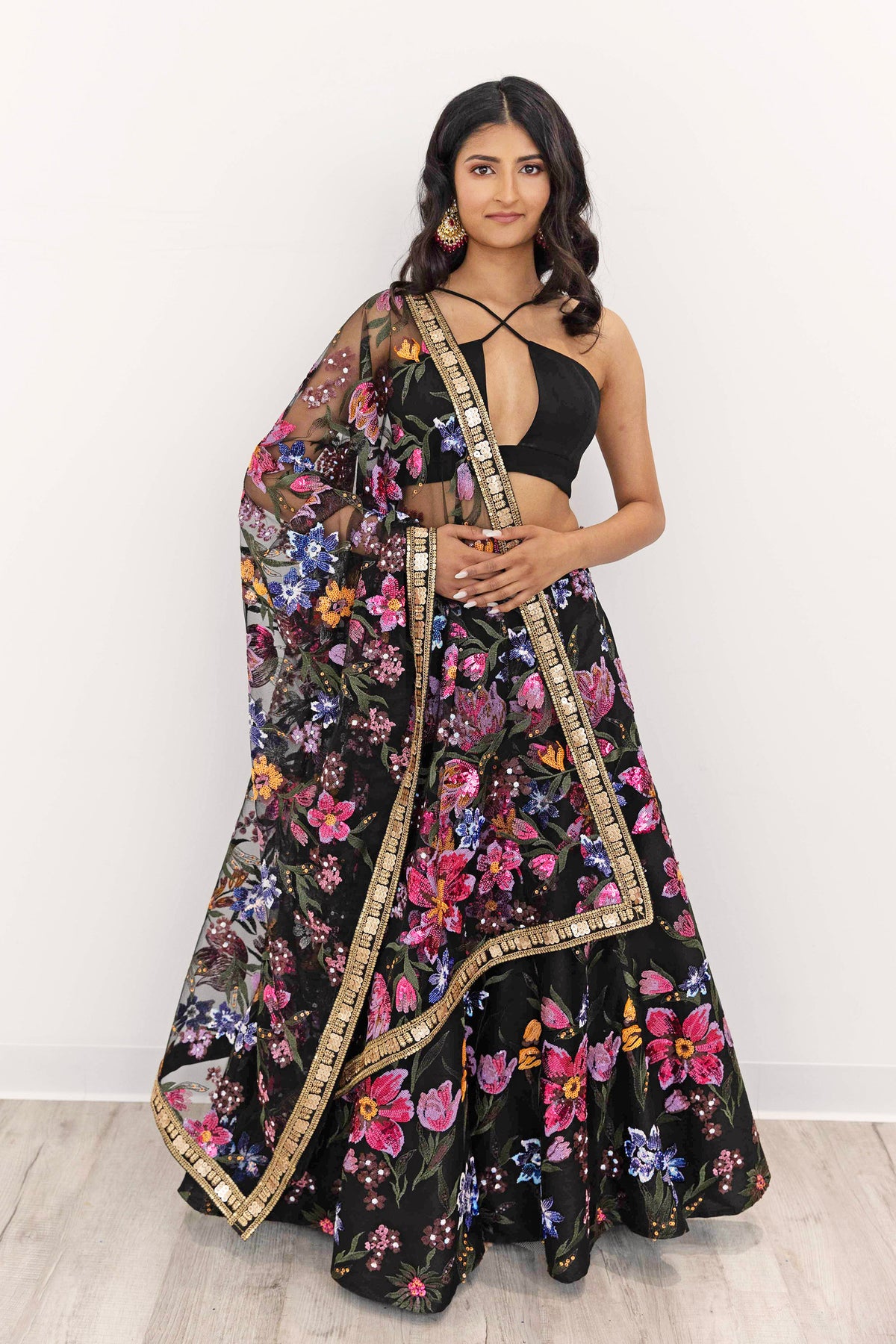 Namita Black Mesh Floral Sequin Dupatta draped on the right shoulder - Harleen Kaur