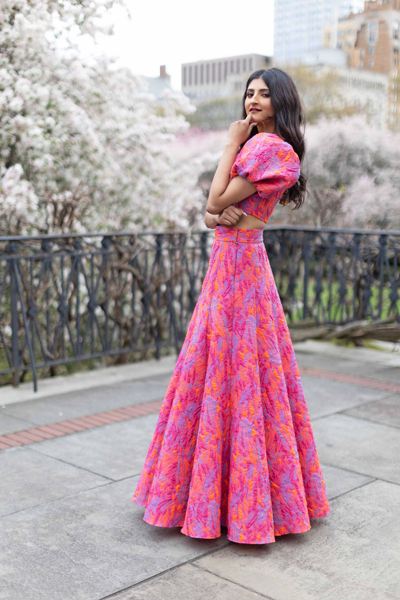 Diya Sharma in the orange and pink tyra lehenga skirt - Harleen Kaur