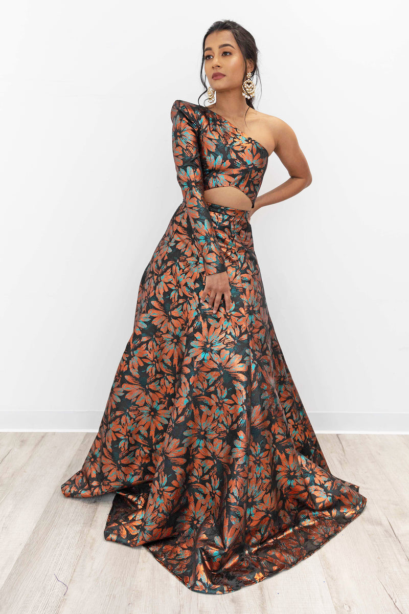 TYRA Metallic Floral Lehenga Skirt