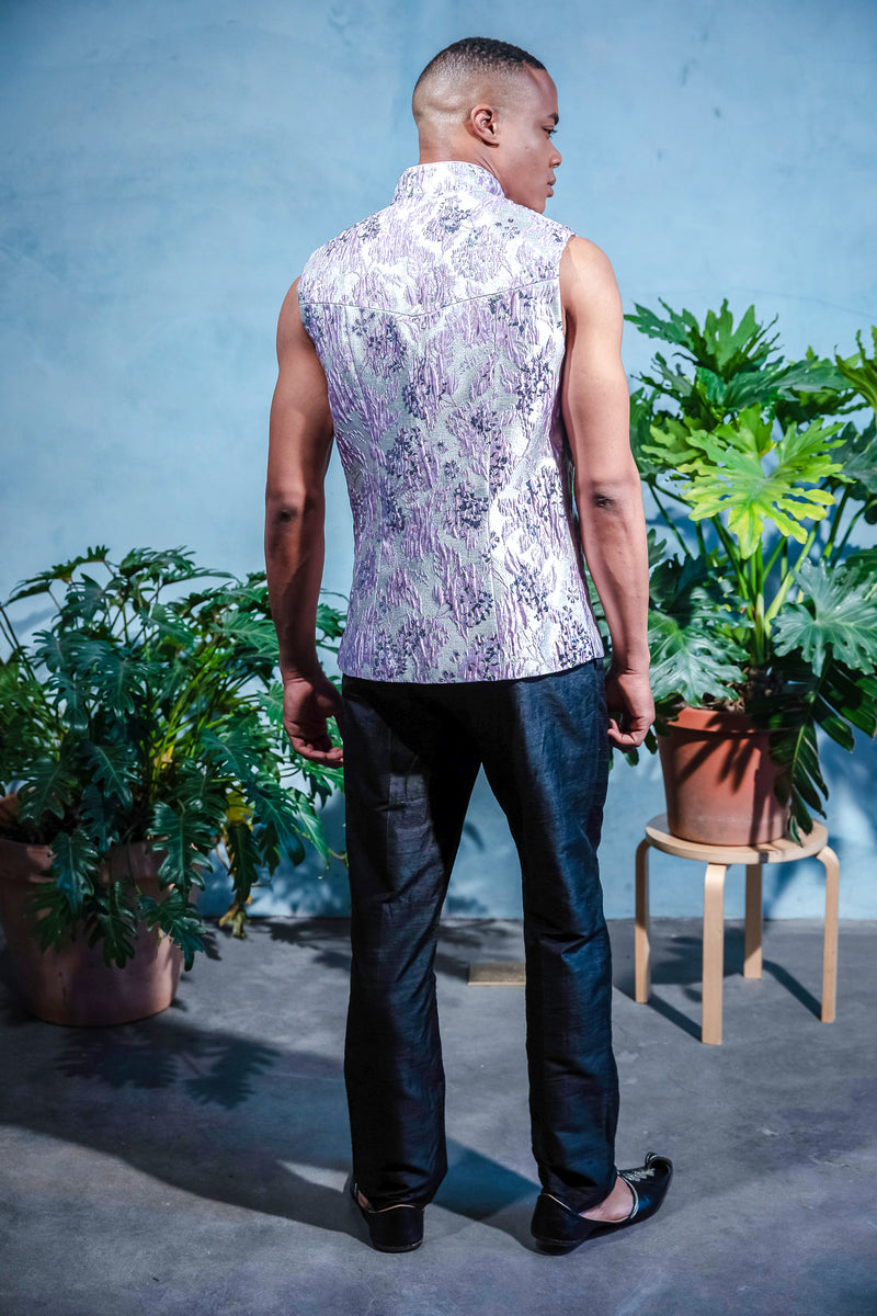 PREM lavender and silver floral jacquard mens vest - Back View - Harleen Kaur