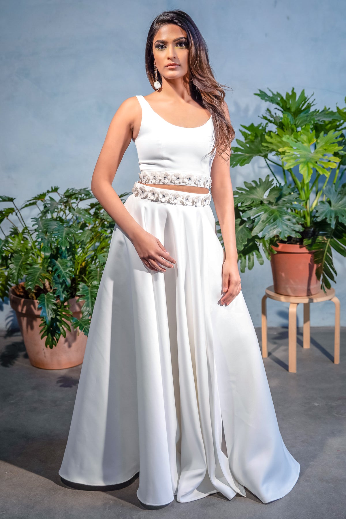 EZYA White Matte Satin Skirt with Floral Embroidery on the Waist - Front View - Harleen Kaur