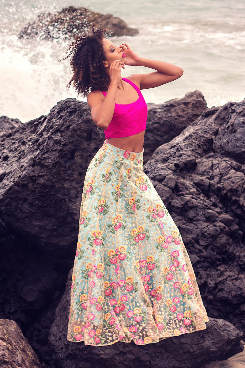 Ashley Nedd in DIANA Embroidered Lehenga Skirt in Aqua - Front View | HARLEEN KAUR