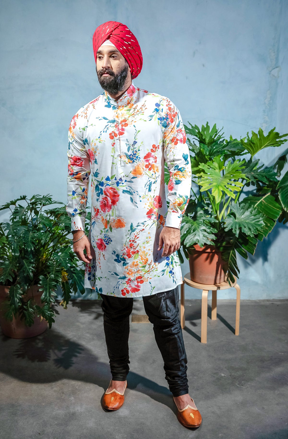 SUMEET Floral Stretch Cotton Kurta Shirt - Front View - Harleen Kaur - South Asian Menswear